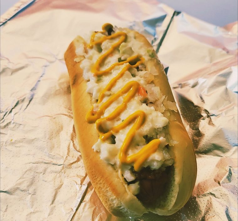 Carolina Dirty Dog, chili, onions, yellow mustard, creamy coleslaw