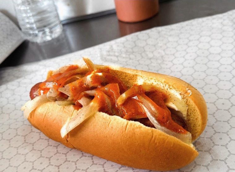 Seattle Dirty Dog, cream cheese, caramelized onions, hot sauce